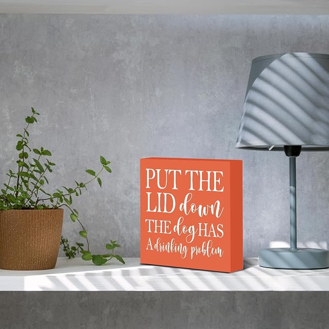 mmiishe Funny Home Decor for Bathroom, 'Put The Lid Down, The Dog Has A Drinking Problem' Sign, Rustic Wooden Decorative Sign, 5 x 5 Inches