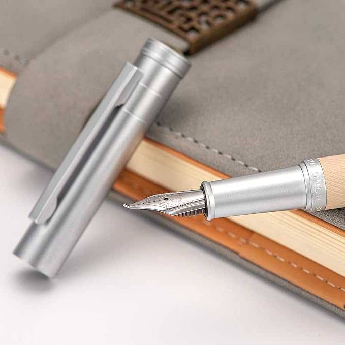 Silver Birch Forest Aluminum Fountain Pen Bent Nib (Fine to Broad) with Metal Box Fude Pen Set By Asvine