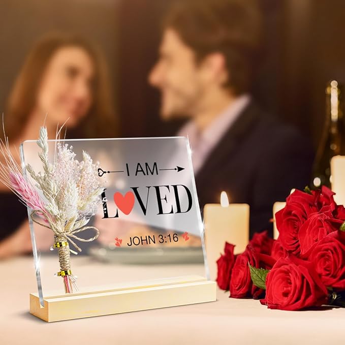 Valentines Day Gifts, John 3:16 Valentines Decorative Sign, Bouquet Acrylic Sign With Wooden Stand for Office Desk Table Shelf