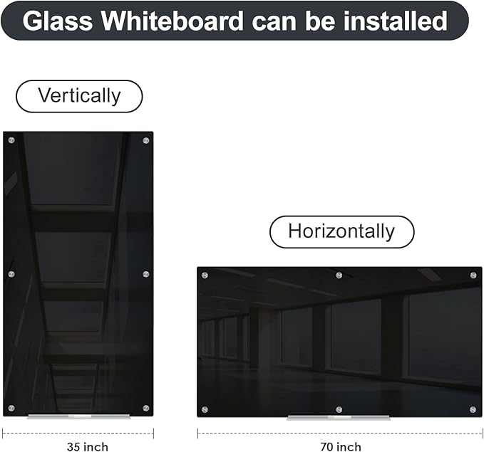 J&J worldwide Black Glass Whiteboard Magnetic Dry Erase Board 6' x 3', Large Frameless Glass White Board Wall Mounting for Office, Home, School, Includes Magnets, Marker Tray, Eraser