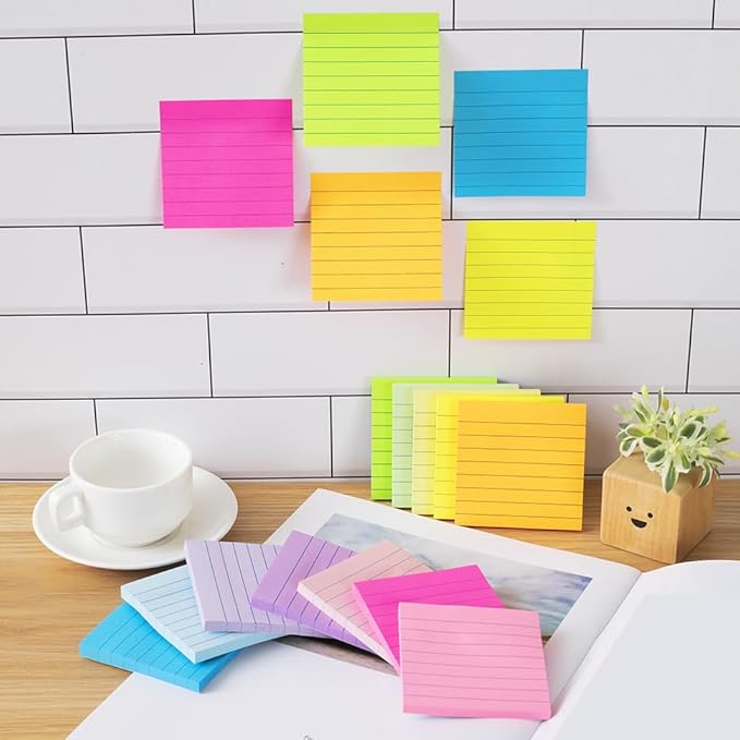 (12 Pads) Lined Sticky Notes 3x3 in Ruled Stickies Super Sticking Power Memo Pads Bright Colors