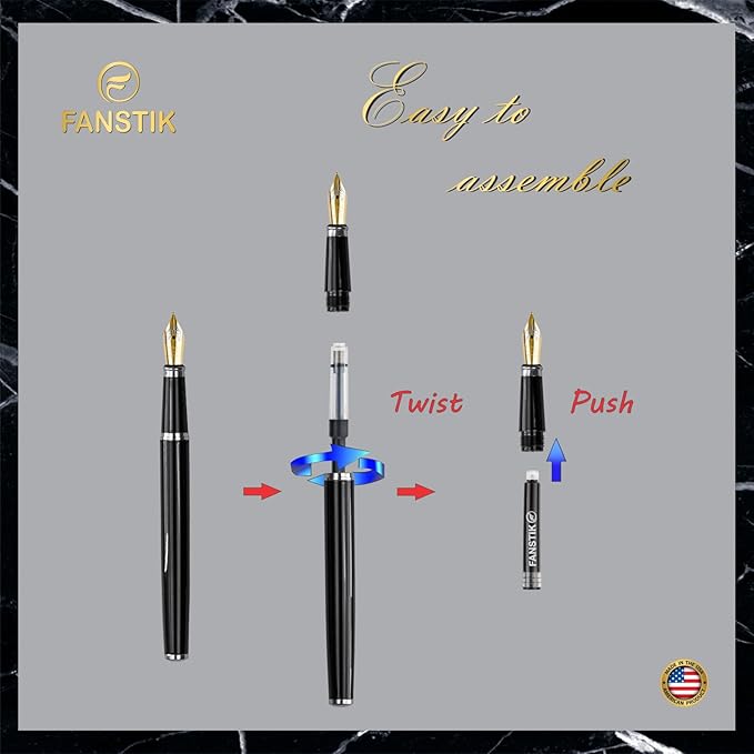 Black & Silver Luxury fountain pen (Made In USA) fancy gift set for women, Real 24K Gold Plating, Professional executive pen gift set for men (Lux fountain Black-Silver)