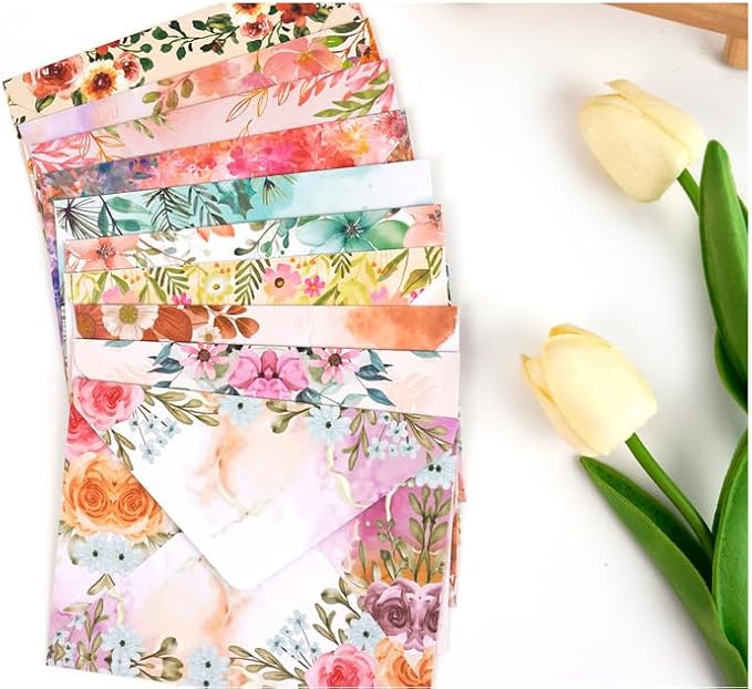 160 Packs Stationery Paper and Envelopes Set 10 Different Designs, 50 One Sided Stationery Writing Papers with 50 Matching Envelopes and 60 Round Dot Sticker, 5.5 x 8.25 Inch (Flower)