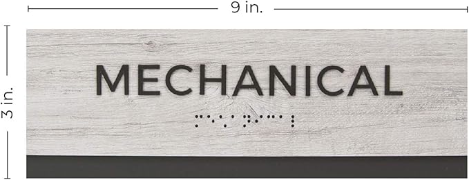Mechanical Sign with Braille/Small Business Easy Adhesive Mount Door And Wall Sign / 3" x 9" Sign/Silver Woodgrain