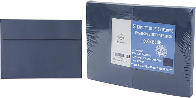 Blue & Navy Blue Envelopes, 50 Pack - A7, 5 x 7 Inch, 120gsm Paper for Invitations, Weddings, Birthdays & Personalized Gifts