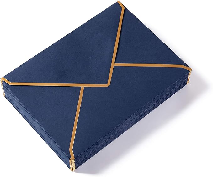 100 Pack Navy Blue A7 Envelopes 5 x 7 Card Envelopes V Flap with Gold Border for Office, Wedding Gift Cards, Invitations, Graduation, Baby Shower, Parties (5.32 x 7.28 Inches, Navy Blue)