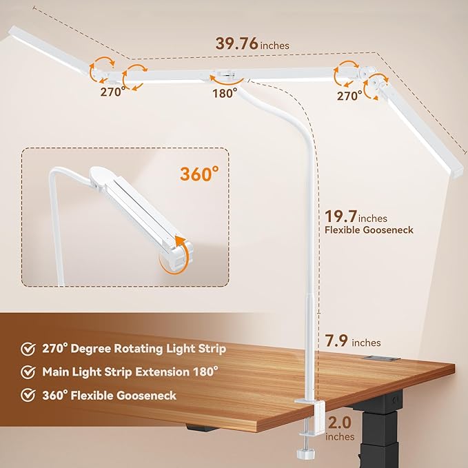 Led Desk Lamp with Clamp: Architect Desk Lamp for Home Office, Eye Caring Double Head Computer Monitor Work Desk Light with Remote Control - 24W Flexible Dimmable Desktop Table Lamp White