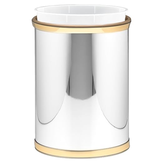 Kraftware Mylar Collection Wastebasket with Plastic Liner, adds Luxurious Style to the Home or Office, Bathroom or Bedroom, 13 Quart, 2 piece set with Liner for Easy Cleanup, Chrome w Gold Trim