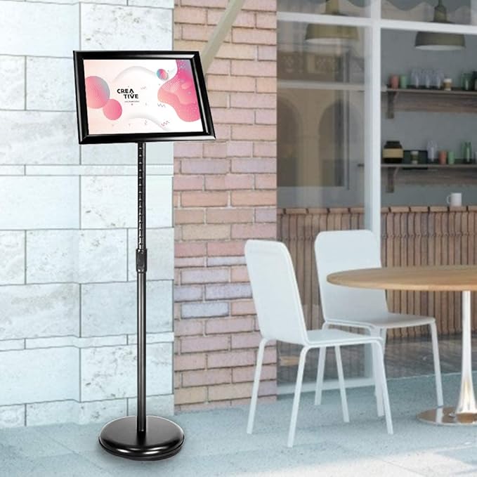 SENZHIYI Adjustable Poster Stand Holder 11x17 Inch, 360 Degree Rotation, Heavy Duty Snap Open Aluminum Pedestal Floor Standing Sign Holder Vertical and Horizontal View Sign Displayed (2PACK)