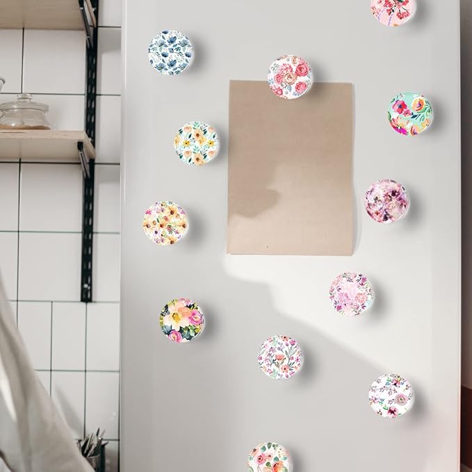 12Pcs Glass Strong Magnetic Refrigerator Magnet Fridge Sticker,Colorful Flowers Crystal Fridge Magnets Decoration for Crafts,Fridge Magnets for Kitchen, Office Whiteboard, Cabinet and Dishwasher