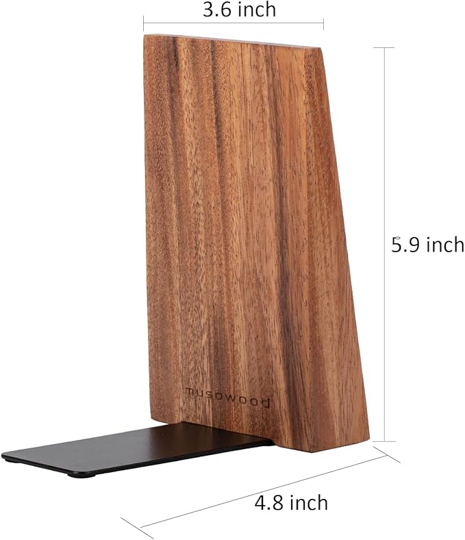 Muso Wood Book Ends, Thickened Wooden Bookends for Heavy Books, Creative Decorative Bookends for Shelves, Non-Skid Book Ends, Handmade Acacia Wood Bookends
