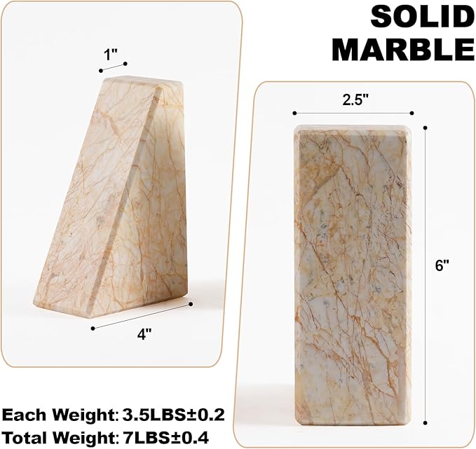 Marble Bookends,Natural Decorative Bookend for Shelves, Non-Skid Book End for Heavy Books, Idea Book Stoppers & Holder for Desk Bookshelf Decor, Modern Home Decor Cream Color Book Ends, Set of 2