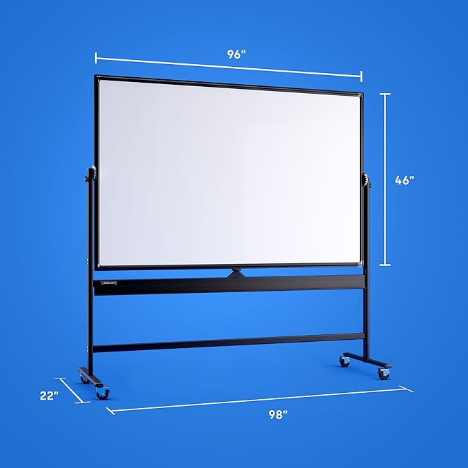 Rolling Dry Erase Board 96 x 46 - Large Portable Magnetic Whiteboard with Stand - Double Sided Easel Style Whiteboard with Wheels - Mobile Standing White Board for Office, Classroom & Home