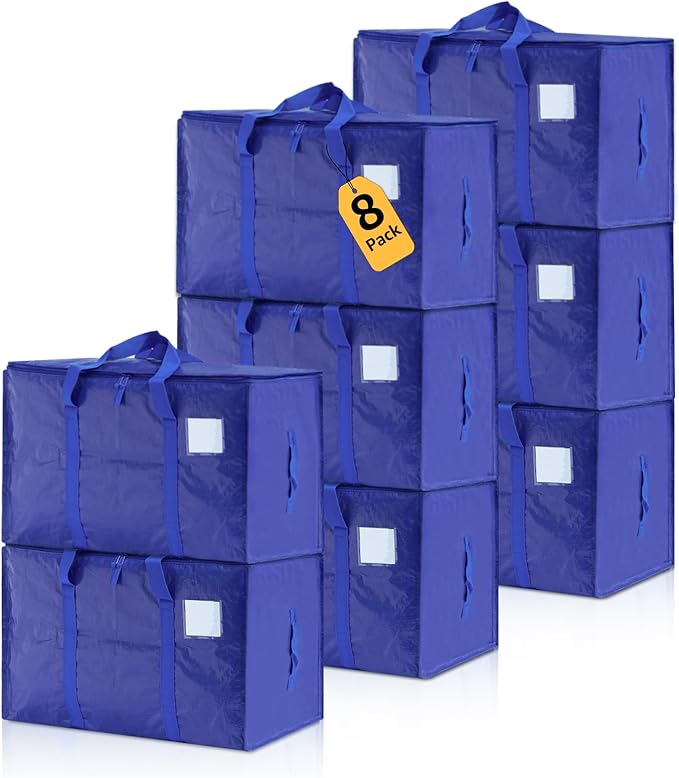 Moving Bags Heavy Duty Extra Large, Moving Boxes, Moving Supplies Essentials, Blue Storage Bins with Lids, Plastic Packing Totes, Storage Bags for Clothes with Handles & Zippers(Blue, 8 Pack)