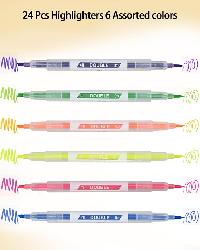 24PCS Pastel Highlighters Pens Set, Double-Ended Colourful Highlighters,Broad and Fine Point Tips, Highlighter Marker Pens for Writing Drawing Office School Supplies Stationery