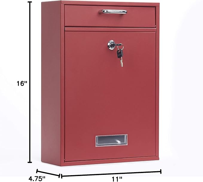 Wall Mounted Locking Vertical Dropbox Mailbox - Safe and Secure | Made with Galvanized Steel (Large, Red)