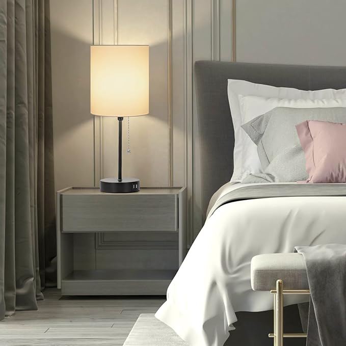 Table Lamps Set of 2 with USB Charging Ports, White Bedside Lamps with AC Outlet, Nightstand Lamps with Pull Chain Switch, Minimalist Modern Desk Lamps with Fabric Shade for Living Room Bedroom Office