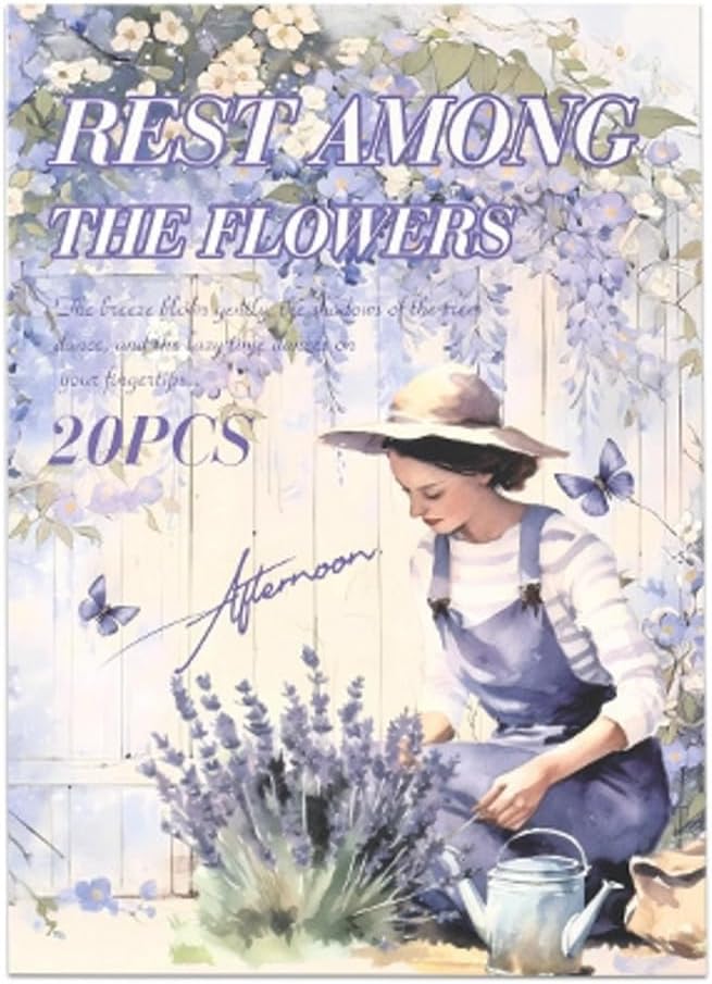 TIAMECH Flowers Resting Sticker Book - Lavender Girl Series, 20 Sheets PET & Washi Stickers for Scrapbooking, Ephemera, Waterproof Junk Journaling Supplies & DIY Crafts (Size 10.5 x 7.1in)