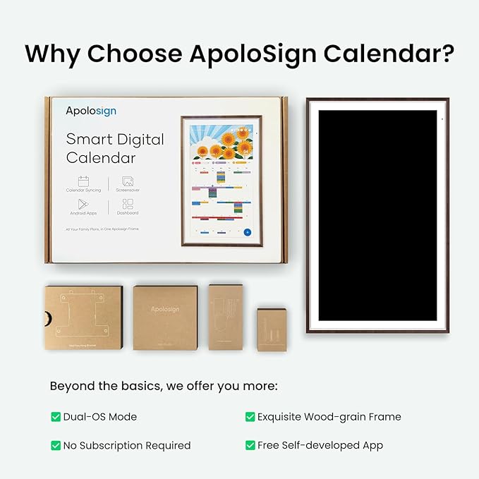 ApoloSign 27" 4K Digital Calendar: Dual Mode Calendar with Google Play & Multi-calendar Sync, Electronic Planner & Chore Chart, Smart Touchscreen, Interactive Display for Family Schedules (Dark Oak, 27-inch(4K))