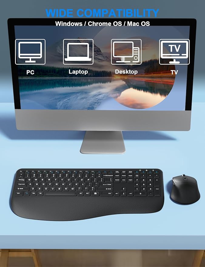 Wireless Keyboard and Mouse Combo, Full-Sized 2.4GHz Comfortable Palm Rest and Optical Wireless Mouse for Windows, Mac OS PC/Desktops/Computer/Laptops(Carbon Black)