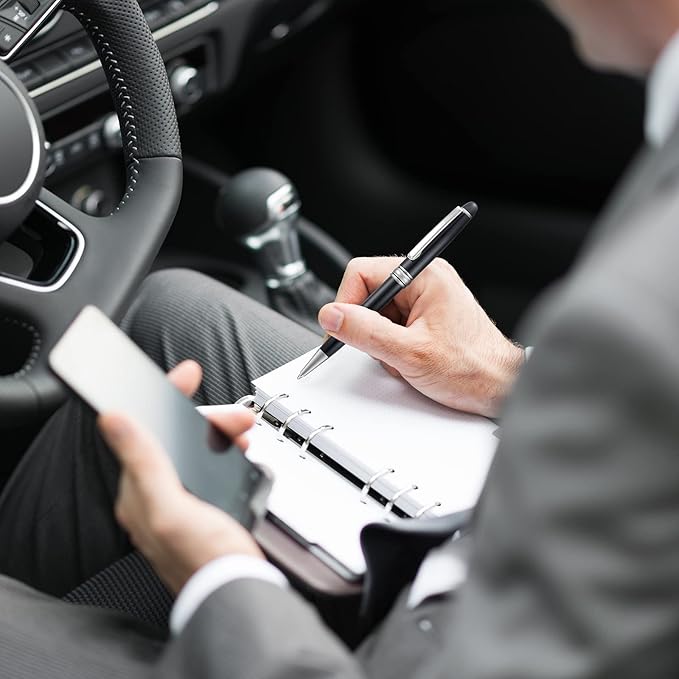 5 PCS Black Ballpoint Pens with Extra Refills Set, 1mm Medium Point Black Ink, Great Smooth Writing Metal Pen for Business Office Teacher Student Wedding Guest Gift (SilverTrim)