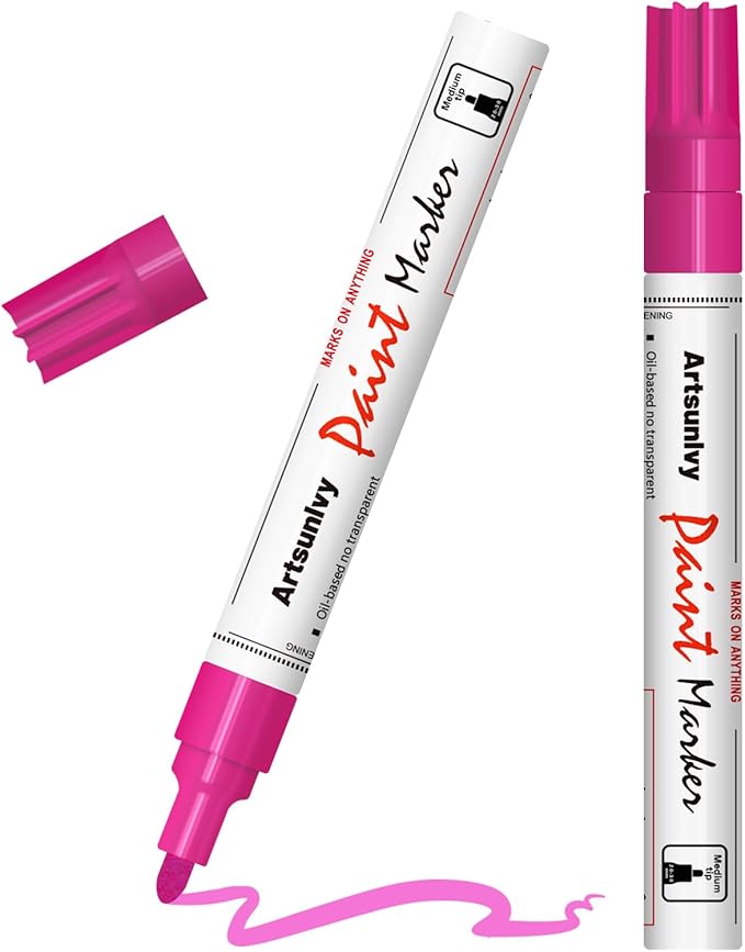 Pink Paint Pens Permanent Markers - 2 Pack Paint Markers for Metal, Rubber,Wood, Rocks, Canvas, Plastic, Dark Surface, Craft Art Supplies, Medium Tip, Quick Dry, Waterproof