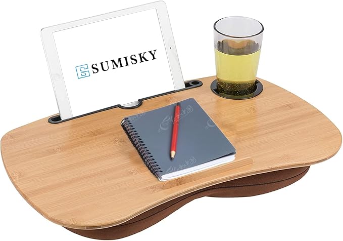 SUMISKY Lap Desk-Portable Laptop Table with Cushion Bamboo Platform Phone Holder L(21.6"x13.8") with Cup Holder