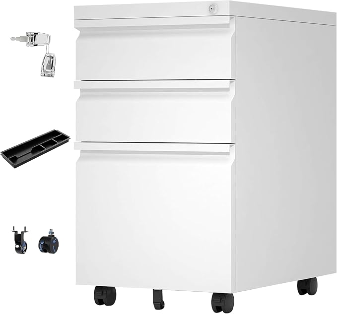 Aobabo 3 Drawer File Cabinet with Lock,Metal Filing Cabinet with Wheels for Home Office & Business Enterprise, Legal/Letter Size, Fully Assembled Except Wheels, White