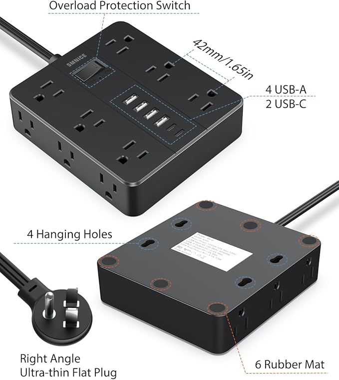 Power Strip Flat Plug with 12 Outlets 6 USB(2 USB C),SMNICE Surge Protector Charging Station with Overload Protection,5ft Extension Cord Widely Spaced Multiple Outlets for Home Office Dorm,Black