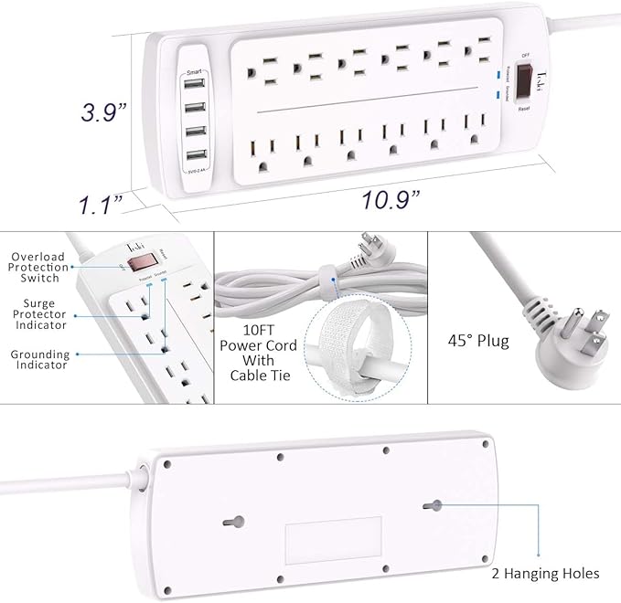 Power Strip, Tcstei Surge Protector with 12 Outlets and 4 USB Ports, 10 Feet Extension Cord (1875W/15A) for Home, Office, Dorm Essentials, 2700 Joules, ETL Listed, White