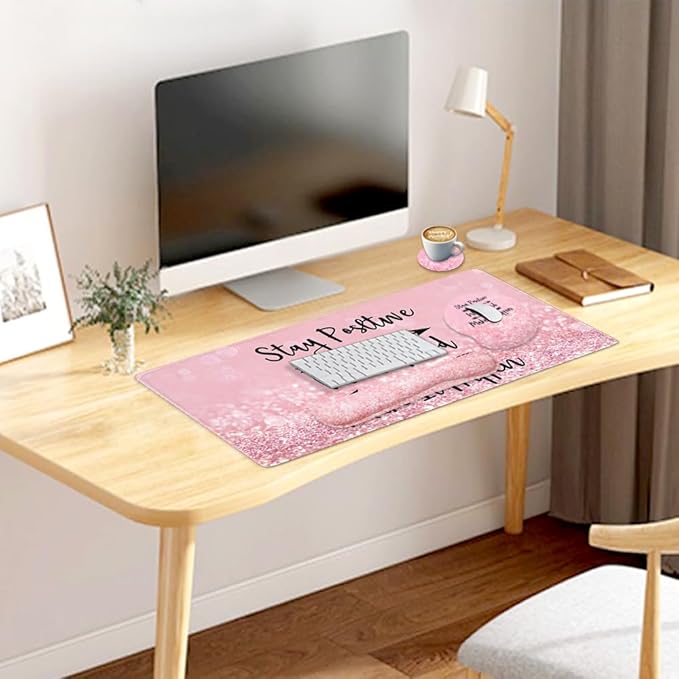 4-in-1 Gaming Mouse Pad Wrist Support Set,Desk Pad + Mouse Pad with Wrist Rest + Keyboard Wrist Rest + Coaster, Ergonomic Design for Home Office Study Game - Pink Stay Positive