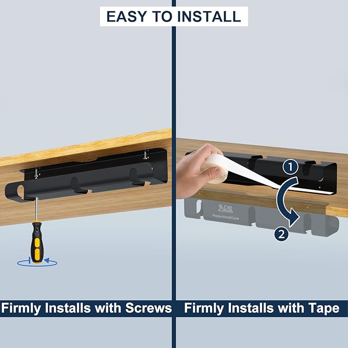 APS Under Desk Cable Management Tray, Two-Pack 16 Inch Black Metal Cord Organizer, Adhesive or Screw Mount for Glass/Marble/Office/Gaming Desk