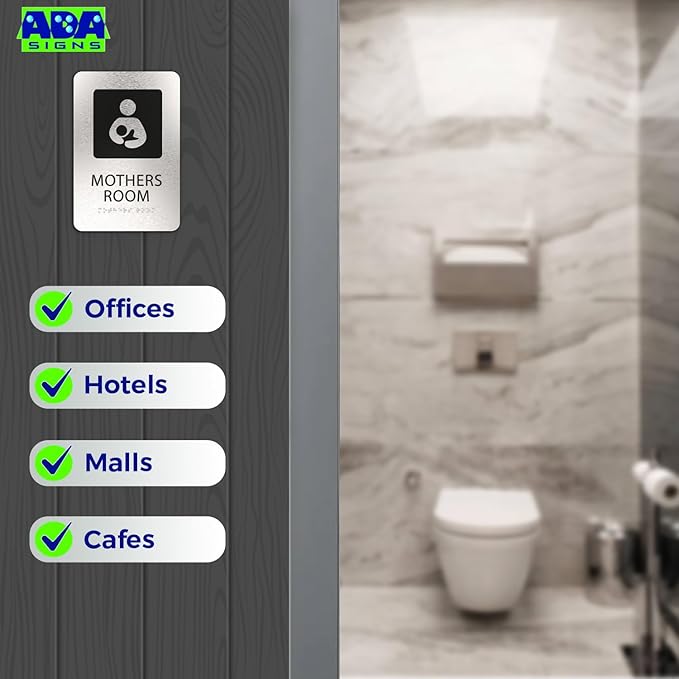 ADASigns Mothers Room Sign ā 6" x 9" Durable Brushed Aluminum with Braille & Strong Adhesive Tape ā Weatherproof Lactation Nursing Breastfeeding Bathroom Sign for Retail Store, Restaurant & Business