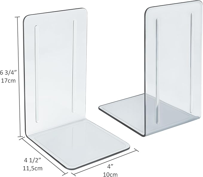 Acrimet Bookends 1 Pair, Clear Plastic Bookends for Shelves or Desktop, Book Holder for Home, Office, Library, School (Clear Crystal Color)