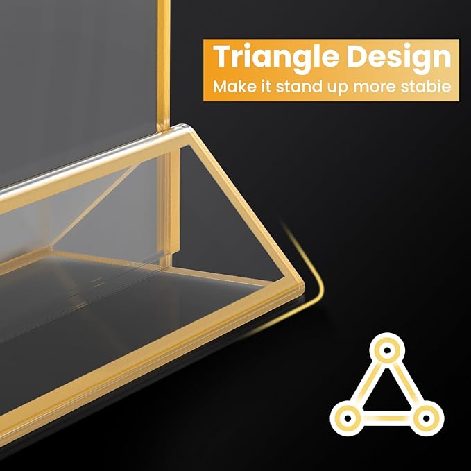 4x6 Gold Acrylic Sign Holder, 12 Pack Wedding Table Number Holder Stands with Vertical Gold Borders, Double Sided Picture Frame Paper Stand, Clear Photo Display Menu Holder for Party, Home, Restaurant