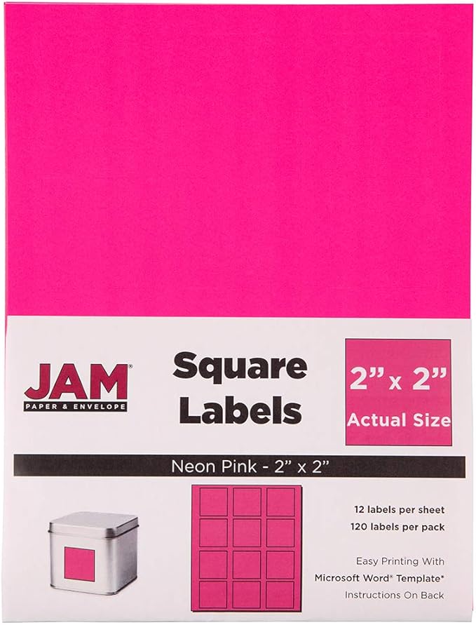 JAM PAPER Product & Container Labels - Square - 2 x 2 - Neon Pink - 120/Pack