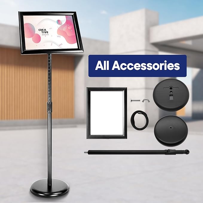 SENZHIYI Heavy Duty Poster Sign Stand Holder Adjustable Snap Open Aluminum Pedestal Floor Sign Holder Standing Vertical and Horizontal View Sign Displayed (Black, 8.5x11inches 2packs
