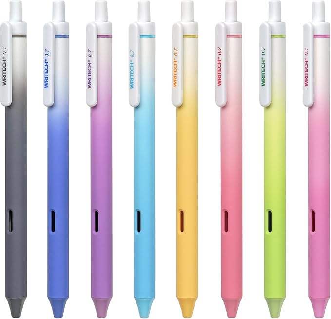 WRITECH Fine Point Gel Pens: 8ct Multi Colored 0.7mm Medium Point Retractable Assorted Color Ink Pen Smooth Writing for Journaling Coloring Gradient Barrel No Bleed & Smudge & Smear