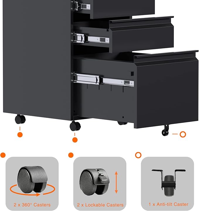 Aobabo Steel 3 Drawer Mobile File Cabinet with Lock, Under Desk Metal Filing Cabinet, 23.6''H A4/Legal/Letter Size Fully Assembled Except Wheels, Black