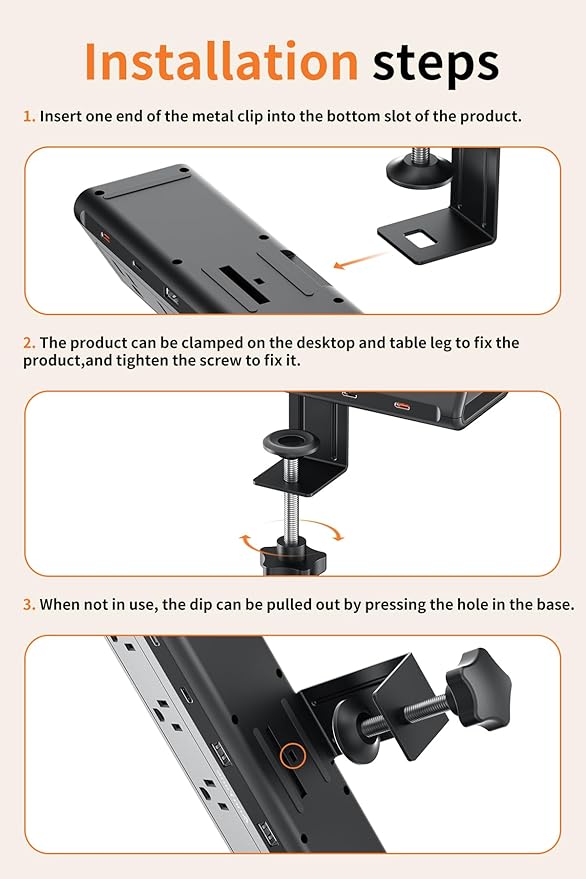 10 FT Desk Clamp Power Strip with 5 AC Outlets & 6 USB Ports PD 40W USB-C Fast Charging, 1250J Surge Protector, Fits 2.6 in top Edge Black