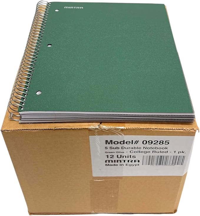 Mintra Office Durable Spiral Notebooks, 5 Subject (Green Olive, College Ruled 12pk)