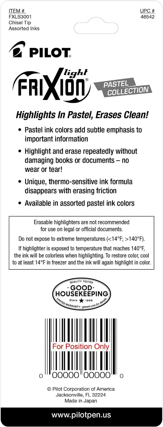 Pilot, FriXion Light Pastel Erasable Highlighters, Chisel Tip, Pack of 3, Pastel Yellow, Green & Purple