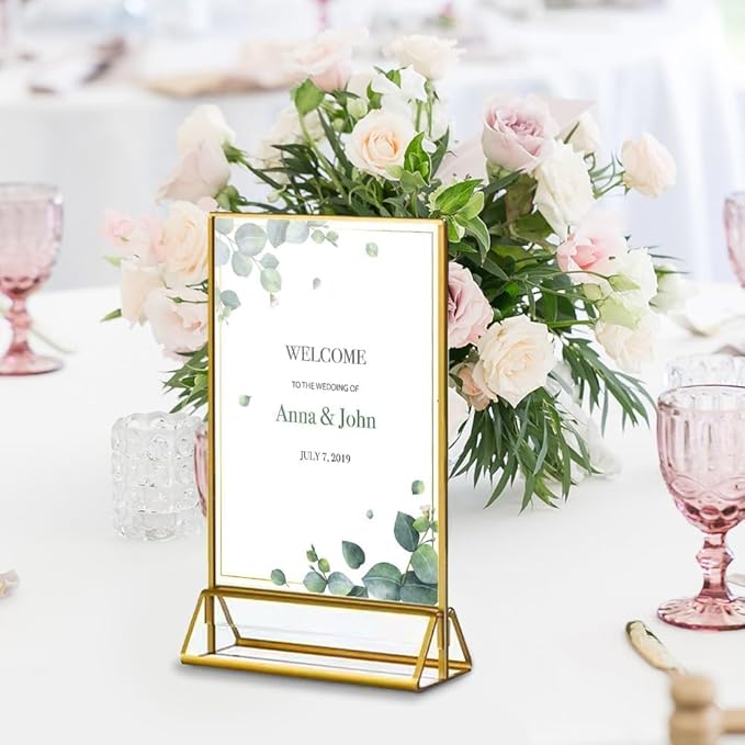 16 Pack Gold Acrylic Sign Holder, 5x7 Inch Picture Frames Wedding Double Sided Display Clear Sign Holders Stand Desktop Table Menu for Wedding Party Restaurant