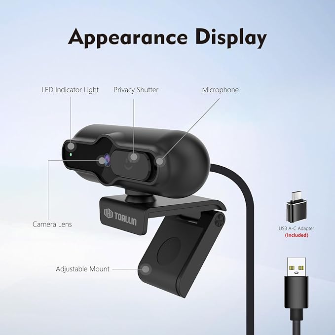 TOALLIN 4K Webcam for PC, 1/2.5" Sensor & 12MP, 1080P & 60FPS, PDAF Auto-Focus, Built-in Microphone and Sliding Privacy Cover, USB Web Camera for Gaming, Conferencing, Streaming and Video Calls