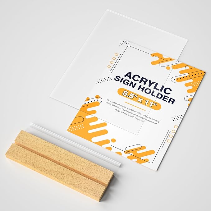 8.5 x 11 Acrylic Sign Holder with Wood Base - Tabletop Display Menu Stand - Clear Plastic L/T Shape Vertical or Slant Back Paper Holders - 3 Pack