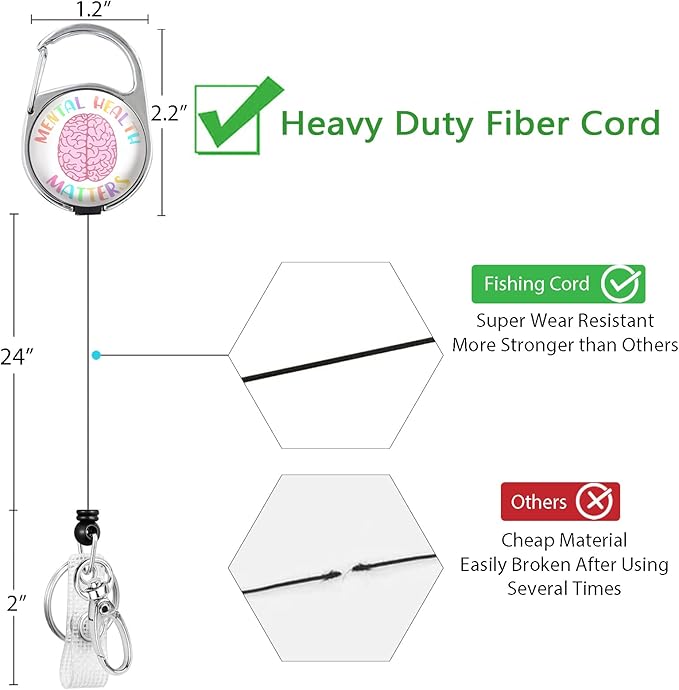 Gctriki Mental Health Matters Badge Reel Retractable Heavy Duty with 360° Swivel Carabiner Belt Clip, Cute Cartoon Brain Nurse Doctor Retractable Keychain ID Clip ID Holder Name Badge Clip