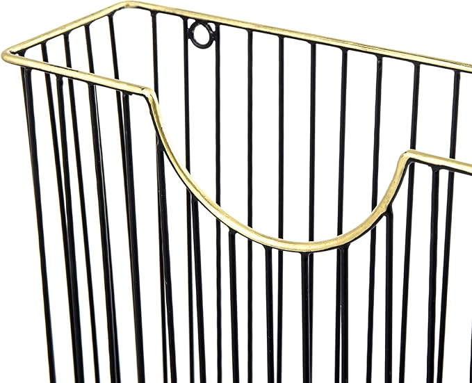 MyGift Art Deco Style Matte Black Metal Wire Magazine Rack with Brass Tone Rim - Wall Mounted Holder Storage Basket for Mail - Handcrafted in India