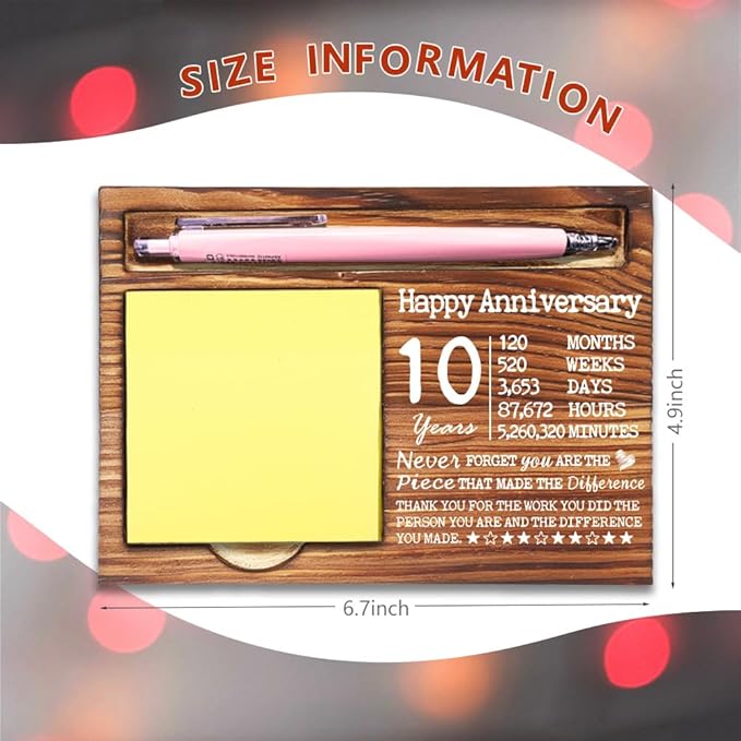 10 Year Work Anniversary Cute Gift for Employee, Thank You Appreciation Gifts for Coworkers Staff, 10th Work Anniversary for Her Him, Happy Anniversary Office Self-Stick Note Pad Holders-DW13