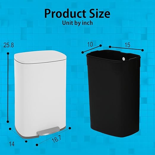 PayLessHere Stainless Steel Trash Can with Lid - Removable Inner Bucket, Foot Pedal Soft Close for Office, Home, Kitchen (White, 13 G)