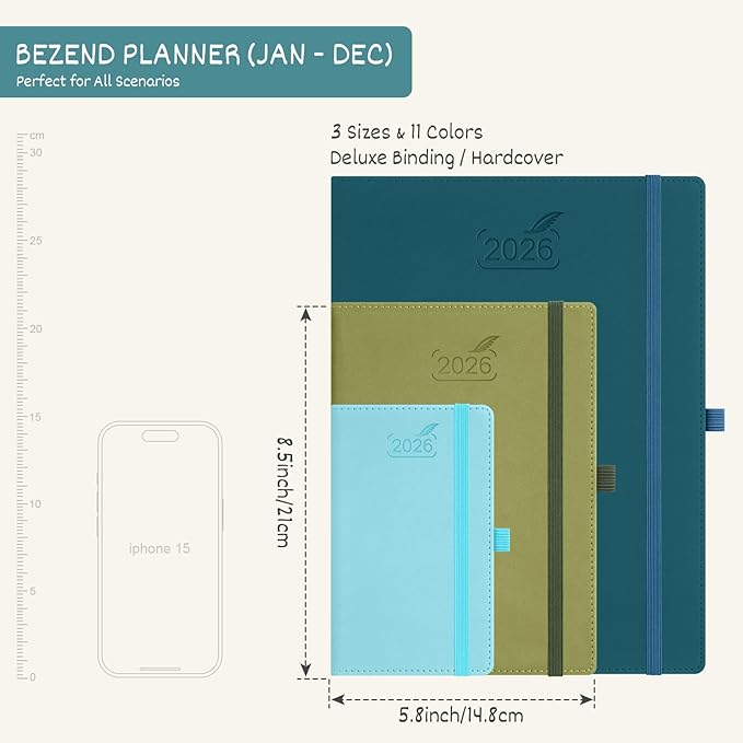 BEZEND 2026 Planner Weekly and Monthly (6" x 8.5") Daily Calendar with Half-Hourly Timeslots & Tabs (Jan-Dec) Note & Expenses, Pen Holder, Inner Pocket, Vegan Leather Hardcover - Black
